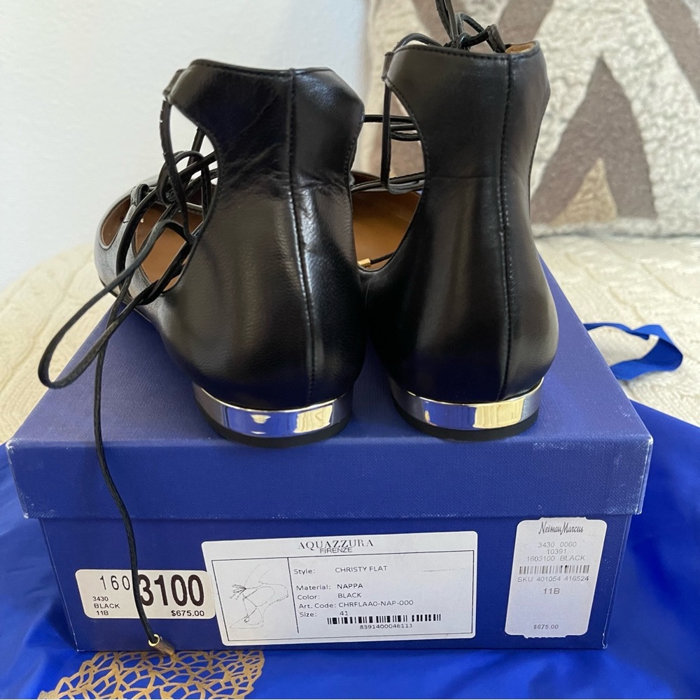 Aquazzura Christy Lace-Up Pointed-Toe Black Flats - Picture 4 of 14